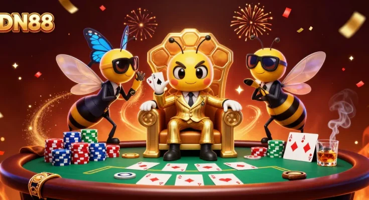 Engage with DN88's thrilling atmosphere in a vibrant casino scene filled with poker elements.